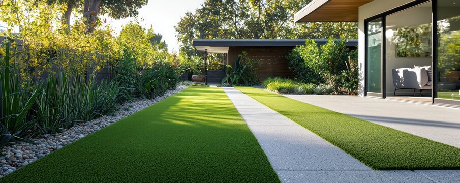 Bright lemon synthetic turf in a minimalist backyard, accenting a modern home with a straight concrete path
