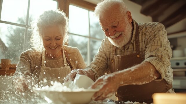 An elderly couple shares a light-hearted moment in the kitchen, laughing as they bake together, illustrating companionship, joy, and the delight of shared activities.