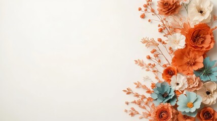 Crafted paper flowers in shades of orange, white, and teal cascade along a bright white background, casting elegant shadows. A beautiful expression of artistry.