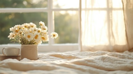 A vase full of white and yellow daisies is beautifully illuminated by the sun streaming through a window, casting a gentle light over the soft, crumpled linen.
