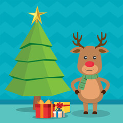 Merry Christmas and Happy New Year with Christmas deer. Winter holiday cartoon. Vector.