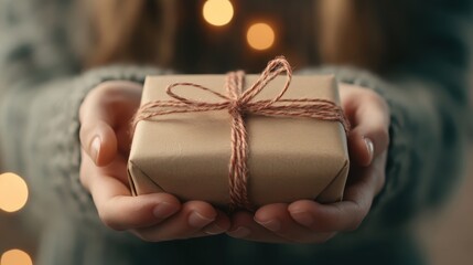 Hands offer a neatly wrapped gift with twine, set before a softly blurred background of warm, glowing lights, evoking generosity and holiday spirit.