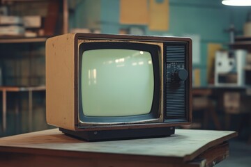 A classic TV set sits atop a rustic wooden table, ready for viewing.