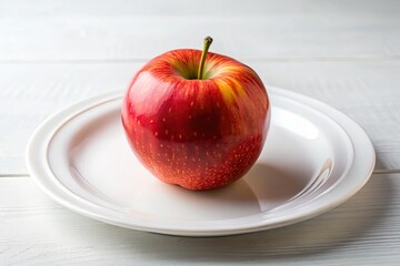 A vibrant red apple sits on a pristine white plate atop a bright white table, embodying the essence of healthy eating and culinary enjoyment.