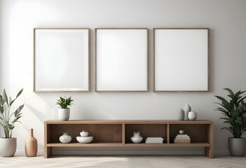 A minimalist living room interior with wooden shelves, white walls, and three empty picture frames.
