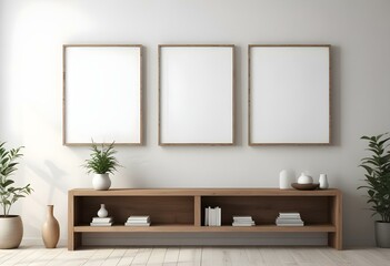 A minimalist living room interior with wooden shelves, white walls, and three empty picture frames.