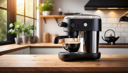 A black espresso machine sits on a wooden kitchen countertop, ready to make a fresh cup of coffee