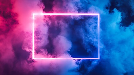 A neon pink square frame against a blue and purple smoke background.