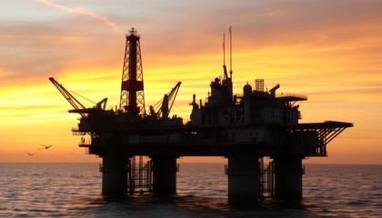 Fototapeta premium Sunset Over Offshore Oil Platform Silhouette