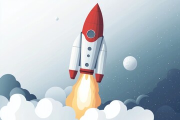 A red and white rocket soaring through the sky, perfect for space-themed illustrations or futuristic designs.