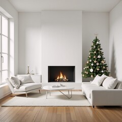 Fototapeta premium Modern white living room with minimalist Christmas tree decorations and fireplace 3D Rendering