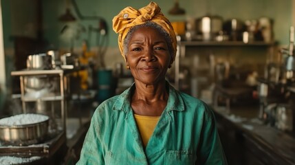 An elderly woman with a vibrant yellow bandana stands with quiet dignity and strength in an industrial kitchen, surrounded by equipment and ingredients.