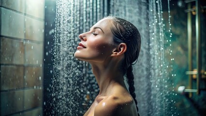 A woman enjoys a rejuvenating shower, water flowing gently around her. The modern bathroom exudes spa vibes, creating a serene atmosphere for relaxation and self-care.