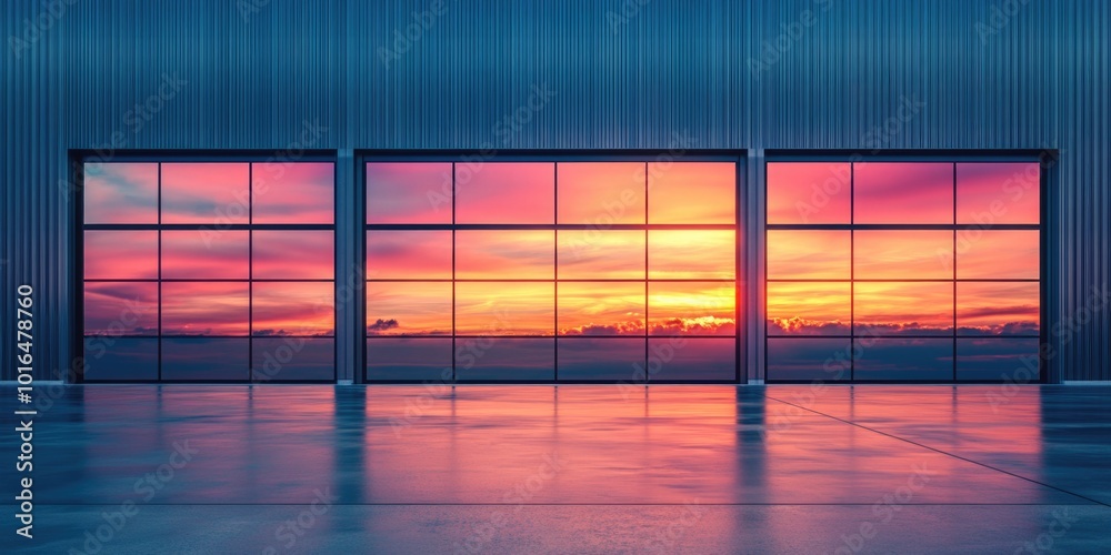 Poster a building with two large windows lit up during sunset, providing a warm glow.