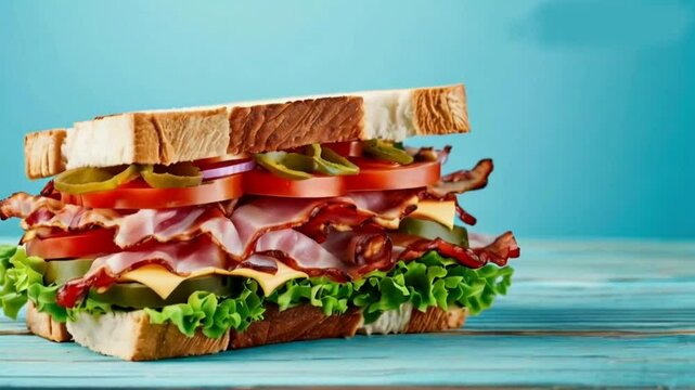 A Delicious classic blt sandwiches with ham, cheese, bacon, tomatoes. Breakfast and fast food meal. on isolated light blue background wooden and text copy space   High quality HD 4K Video Clip
