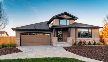 a new home with a low-pitch roof, siding, and a beautifully designed garage door. The house exudes a sense of modern style and curb appeal.