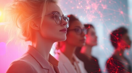 Three women in professional attire are shown against a vibrant digital network pattern, symbolizing technology, connection, and forward-thinking innovation.