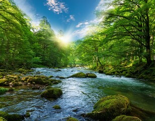 Obraz premium A river crossing across a green forest