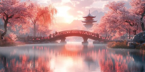Cherry Blossom Bridge, tranquil scene of a classic Japanese bridge embraced by blooming cherry trees under warm sunlight