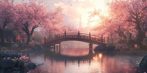 Cherry Blossom Serenity, tranquil Japanese bridge embraced by blooming cherry trees, gentle sunlight creating a peaceful atmosphere