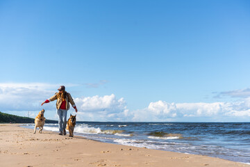 Woman walking on seaside with dogs