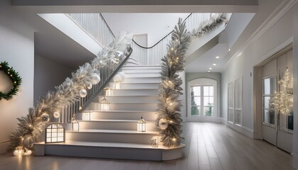 a staircase adorned with Christmas decor in a single color theme, all-white or silver. minimalist ornaments, lights, and garlands that harmonize with the staircase's modern design.