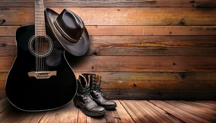 Naklejka premium an acoustic guitar, cowboy hat, and boots arranged against a blank wooden plank grunge background, providing ample copy space for text or branding.