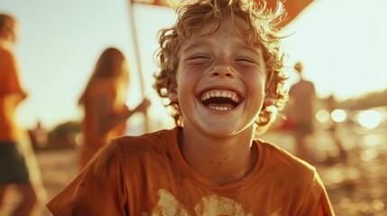 A laughing child with bright eyes and a sunny disposition captures a moment of pure joy in an outdoor setting, haloed by the warm light of an afternoon sun.