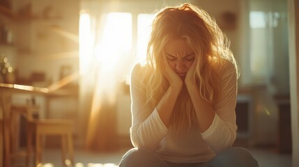 A young woman sits surrounded by sunlight flooding through an open window, holding her face in her hands, displaying a mix of stress and exhaustion indoors.