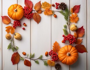 Fototapeta premium Autumn frame decor from pumpkins, berries and leaves on a white wooden background. Concept of Thanksgiving day or Halloween. Flat lay autumn composition with copy space.
