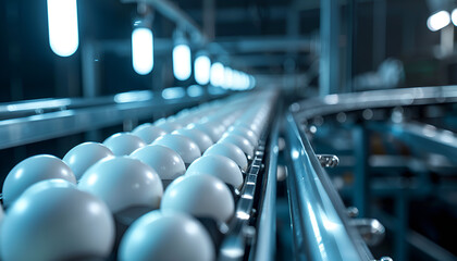 Eggs on an automatic conveyor belt in an egg collection system, symbolizing efficiency and automation in poultry farming