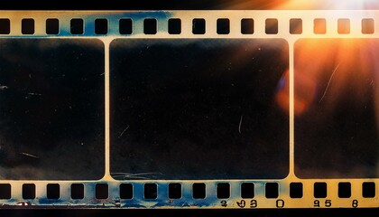 Blank grained and scratched film strip texture background with heavy grain, light leak Real Lens Flare Shot in Studio over Black Background. Easy to add as Overlay or Screen Filter