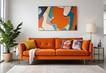 A modern living room with an orange sofa, colorful abstract paintings on the wall, and a floor lamp.