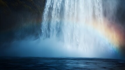 Majestic Waterfall Mist and Rainbow Amidst Tranquil Nature Landscape
