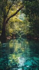 Obraz premium A tranquil river flows through vibrant greenery, reflecting the clear sky and trees overhead