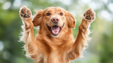The image displays a gleeful dog with its paws high in the air, radiating joy and excitement, set against a bright outdoor environment, reflecting pure delight.