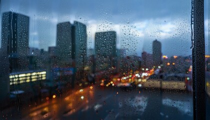 Fototapeta premium City view through a window on a rainy day