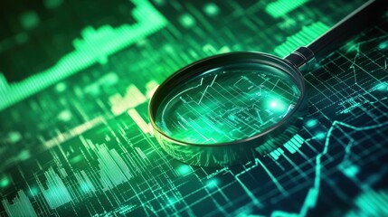 Magnifying glass floats over futuristic digital charts and graphs diagram.