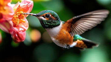 Fototapeta premium A vibrant hummingbird with iridescent feathers delicately feeds from a flower, capturing a moment of nature's intricate beauty and dance of life.