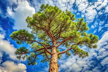 Aerial view of a pine tree against the sky with pine branches