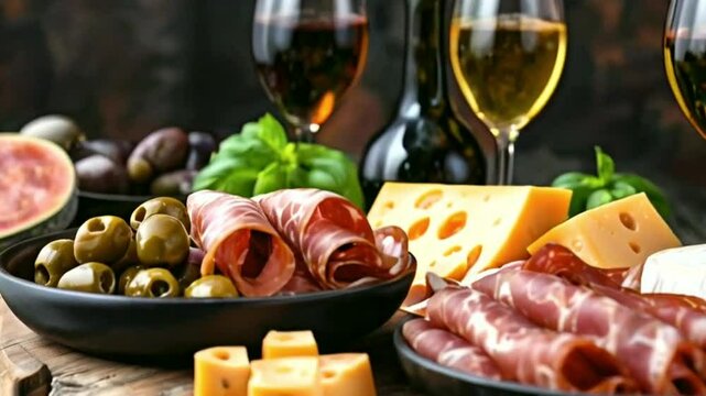 A italian antipasti wine snacks set cheese variety mediterranean olives crudo prosciutto parma salami glasses wooden grunge background black antipasto food dark eatery buffet melon epicure deli rose 
