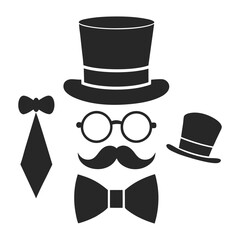 Vintage-themed gentleman icon set with mustaches, hats, bow ties, and retro accessories in silhouette style.Retro gentleman vector icon set featuring classic elements like monocles, top hats, and mus