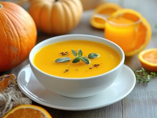 Pumpkin soup with orange juice in a white plate soft focus