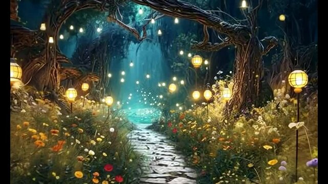 A mesmerizing midnight walk through a hidden fairytale garden aglow with shimmering fireflies