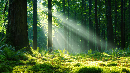 Fototapeta premium Sunlight filtering through lush green trees illuminating vibrant ferns on the forest floor in a serene woodland setting