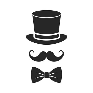 recommend clip art: Vintage-themed gentleman icon set with mustaches, hats, bow ties, and retro accessories in silhouette style.Retro gentleman vector icon set featuring classic elements like monocles, top hats, and mus