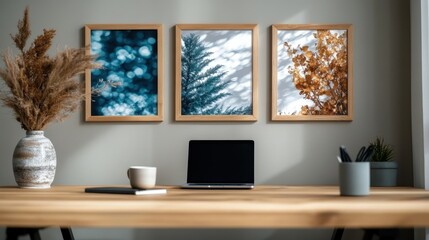 Obraz premium A cozy home office setup featuring a wooden desk, laptop, and three framed nature photos above, showcasing different seasonal foliage in a minimalist design.
