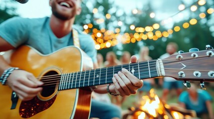 Obraz premium A man strums an acoustic guitar while sitting near a lively campfire adorned with bistro lights, surrounded by friends, capturing the essence of a musical evening outdoors.