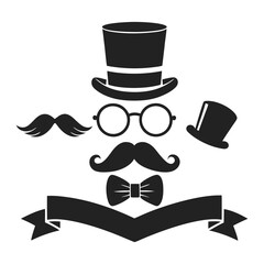 Vintage-themed gentleman icon set with mustaches, hats, bow ties, and retro accessories in silhouette style.Retro gentleman vector icon set featuring classic elements like monocles, top hats, and mus