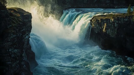 Thundering Waterfall Plunging Over Cliff into Turquoise Pool Below